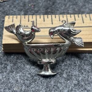 Vintage Bird Bath Brooch Red Eye Birds Silver Tone 2 Inch